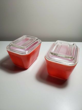 Set Of Two Very Vintage Pyrex 501 - B,  1 1/2 Cup Red Refrigerator Dishes W/lids