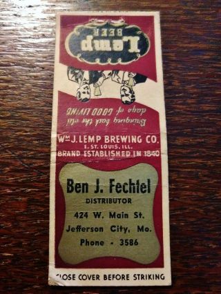 Vintage Matchcover: Lemp Brewing,  E.  St.  Louis,  Il Lemp Beer,  Jefferson City R