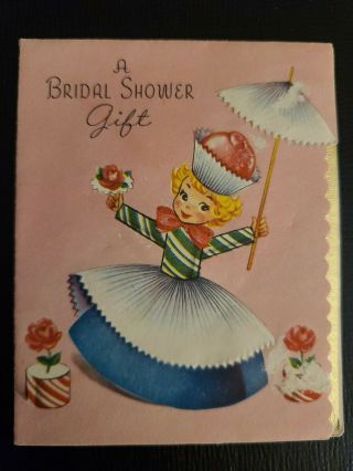 Vtg Greeting Card Cupcake Girl Candy Hat Bridal Shower Gift Card Roses 50s