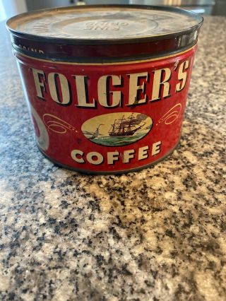Vintage Folgers Coffee Tin Copyright 1946 Fine Grind Mountain Grown