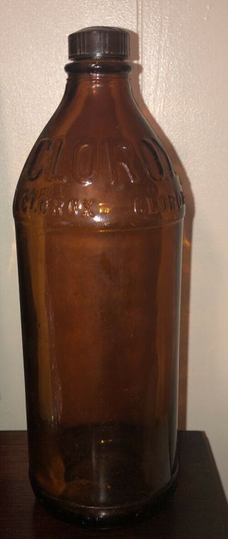 Vintage Clorox Amber Brown Embossed 16oz Glass Bottle W/ Lid