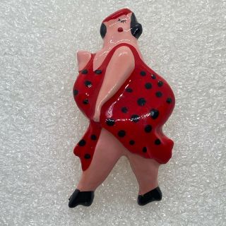 Signed Ample Togs Vintage Lady In A Red Dress Brooch Pin Plus Size Polka Dot