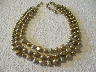 Vintage 3 Strand Beaded Bib Necklace Japan 17 1/2 " Gold Tone