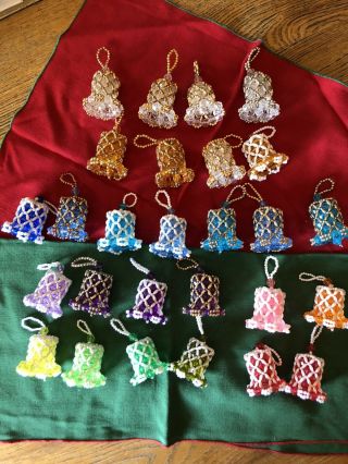 Vintage Handmade Christmas Ornaments Various Colored Beaded Bells (27 Total)