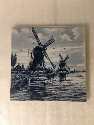 Vintage Delft Blauw Hand Painted Windmill Tile