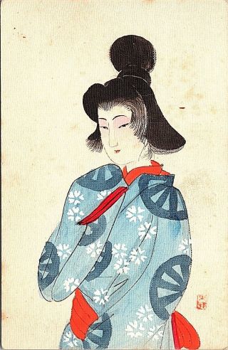 Hand Painted Japanese Geisha Girl Vintage Postcard B11