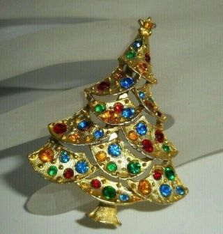 Vintage Jewelry Goldtone Colorful Rhinestone Christmas Tree Brooch/ Pin