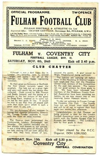 Vintage Fulham V Coventry City Football Program Nov 1948