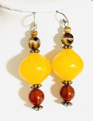Vintage Glass & Yellow Bakalite Drop Earrings 3