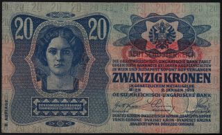 1913 (1919) Austria 20 Kronen Old Vintage Paper Money Banknote Currency Note Xf