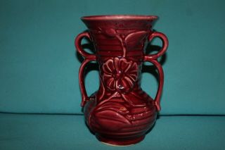 Vintage Shawnee Pottery 7 1/2 " Dbl Handled Vase Daisy Matte Burgundy Usa