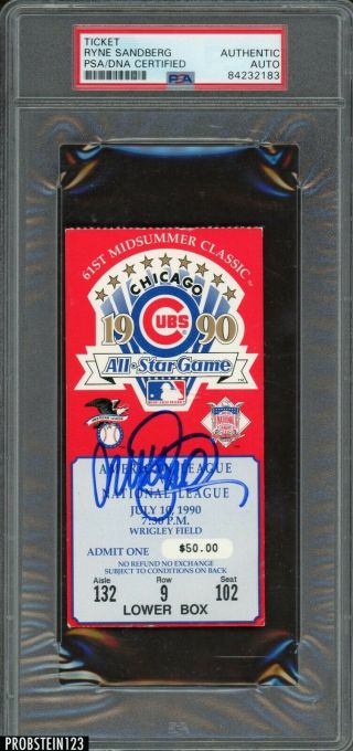 Ryne Sandberg Signed 1990 All Star Game Ticket Stub Psa/dna Auto Chicago Cubs