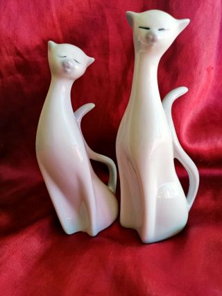 Two (2) Elegant Regal Vintage White/grey Porcelain Long Neck Cat Figurines