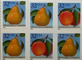 Vintage 1994 Us Postage Stamps Block Of (6) Cent Stamps Peaches & Pears