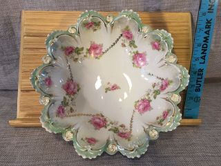 Vintage M.  Z.  Austria Porcelain Bowl Fine Dining China Gold Rim Roses Pink/grn