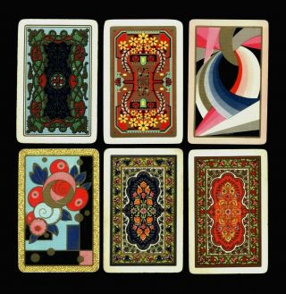 6 Vintage Art Deco Swap Playing Cards Colorful Geometrical Flowers Shapes Gold