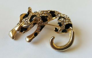 Vintage Leopard Cheetah Brooch Gold Tone Metal Diamonté Enamel Signed