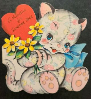 Vtg Hallmark Valentine Greeting Card Diecut Cute Kitten Calico Daisy Print 1940s