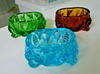 3 Vintage Master Salt Cellars Blue And Emerald Green & Amber Glass Footed