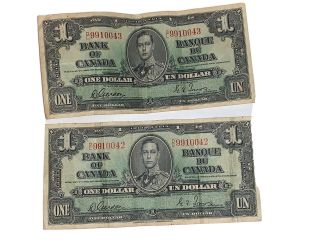 1937 / Set Of (2) Canada $1 One Dollar George Vi Vintage Canadian Banknote 64