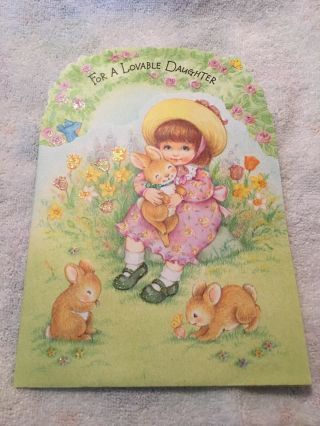 Sweet Vtg Hallmark Crown Little Girl W/ Bunnies In Garden Easter Glitter Card