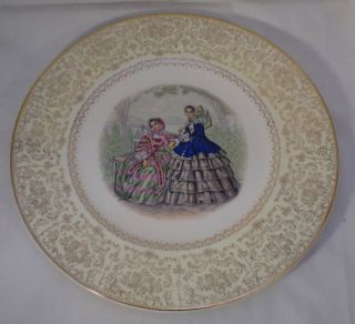 Vtg Decorator Plate Imperial Salem China Gold Edge Designs 2 Victorian Women