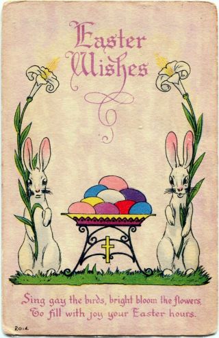 Arts & Crafts Deco Easter Twin Rabbits W/ Lilies & Colored Eggs Vintage Postcard