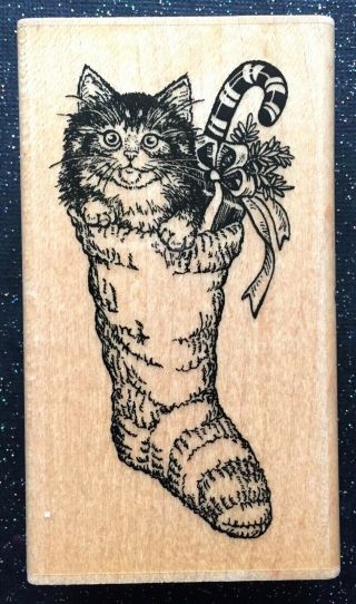 Vintage Rubber Stamp " Kitten In A Christmas Stocking " By Paper Inspirations