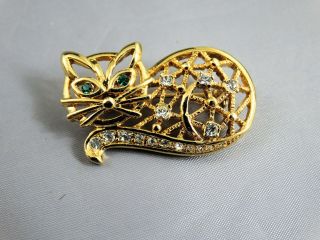 Vintage Gold Tone And Rhinestone Cat Pin With Green Eyes