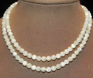 Vintage Cream Mother Of Pearl Shell 6mm Bead 32 " Necklace Sterling Clasp