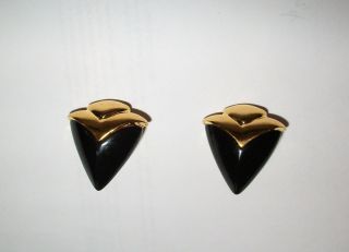 Art Deco Arrowhead Vintage Gold - Tone And Black Clip Earrings