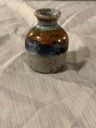 Vintage Small Pottery Vase With Brown And Blue Drip Glaze 2.  5” Tall