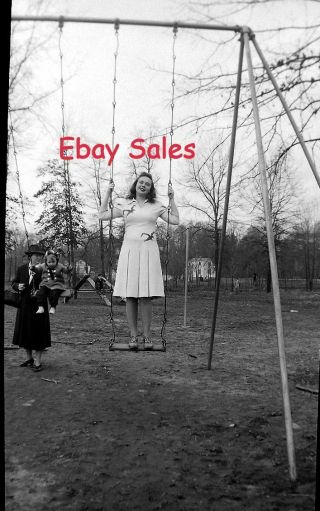 X5 - Bb Vintage Photo Negative - Young Woman On A Playground Swing