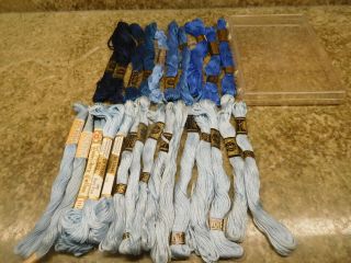Set Of 25 Vintage Coats & Dmc Embroidery Floss W/ Case Shades Of Blue