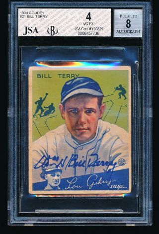 1934 Goudey Signed Autograph Bill Terry 21 Bvg 4 Auto 8