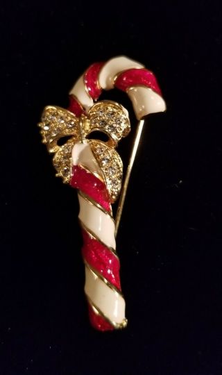 Vintage Christmas Candy Cane Brooch Red White Green Enamel