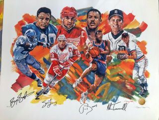 45 Off - Autographed Detroit Sports Lithograph Sanders,  Yzerman,  Trammell