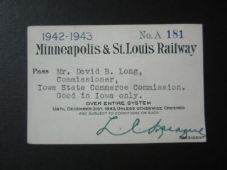 Old Vintage 1942 - 1943 - Minneapolis & St.  Louis Railway - Train Pass
