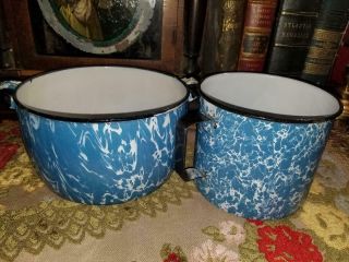 2 Vintage Blue White Swirl Graniteware Large Mug & Small 2 Handle Pot Farmhouse