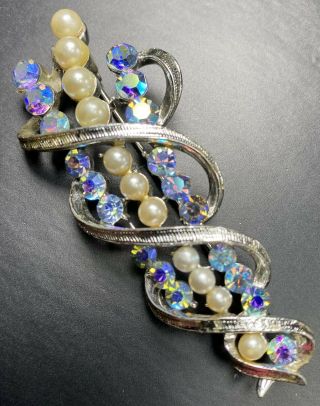 Coro Signed Vintage Brooch Pin 3” Blue Ab Crystal Rhinestones Glass Pearls Lot3
