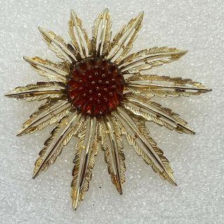 Signed Sarah Coventry Vintage Flower Brooch Pin Amber Glass Costume Jewelry