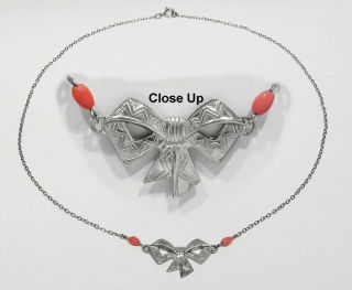 Old Antique Delicate 925 Silver Coral Glass Beaded Bow Tie Pendant Necklace 16 "