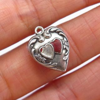 Antique Victorian Sterling Silver Enamel Puffy Heart Collectible Charm Pendant