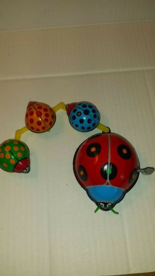 Vintage Tin Lithograph Wind - Up Lady Bug Toy Train Big Bug & 3 Little Bugs 10 " L
