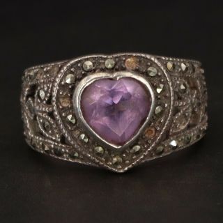 Vtg Sterling Silver - Art Deco Amethyst & Marcasite Heart Ring Size 4.  5 - 4g