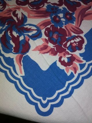 Vtg 1940s 1950s Printed Cotton Tablecloth 49”x 47” Blue/pink/ Burgundy Flowers