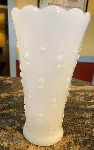 Vintage White Milk Glass Teardrops And Pearls 7 ¼ " Tall Vase W/ Scalloped Edge