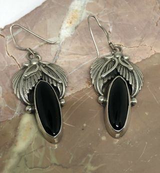Vintage Southwest Style Sterling Silver Feather Long Black Onyx Dangle Earrings