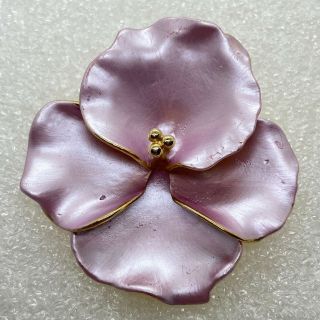 Vintage Flower Brooch Pin Pink Satin Enamel Gold Tone Costume Jewelry
