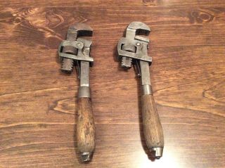 Two Vintage Stilson Wooden Handle Pipe Wrenches 10 Inches